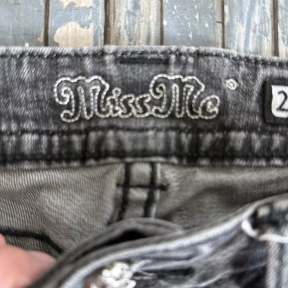 Miss Me Black Stretch Denim Low Rise Embellished Angel Wing Skinny Jeans~28 - Picture 9 of 13